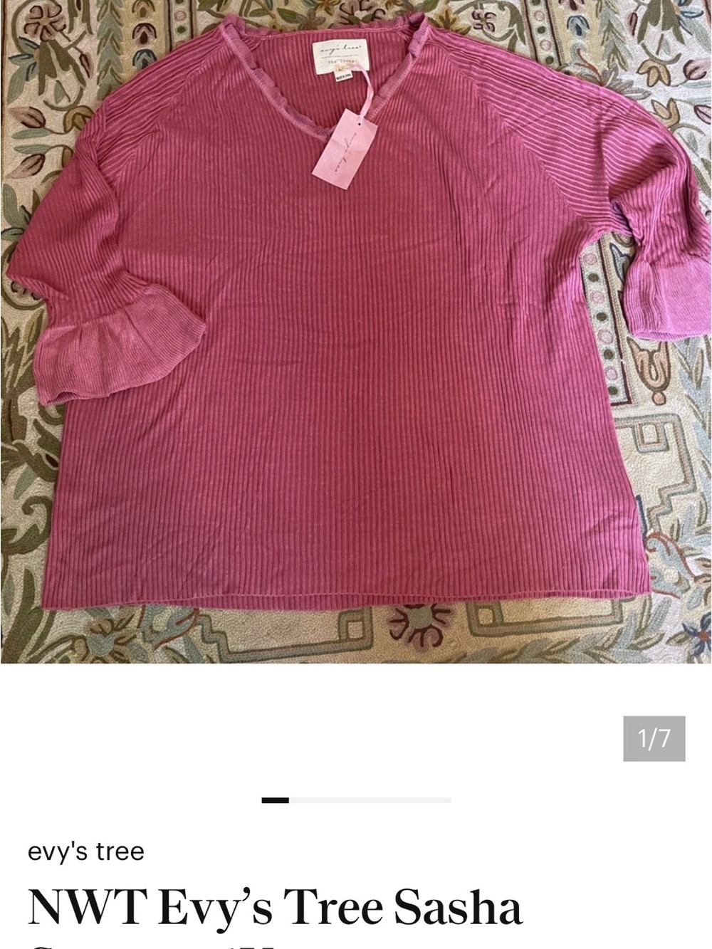 evy's tree Ribbed V-Neck Long Sleeve Top in Rose